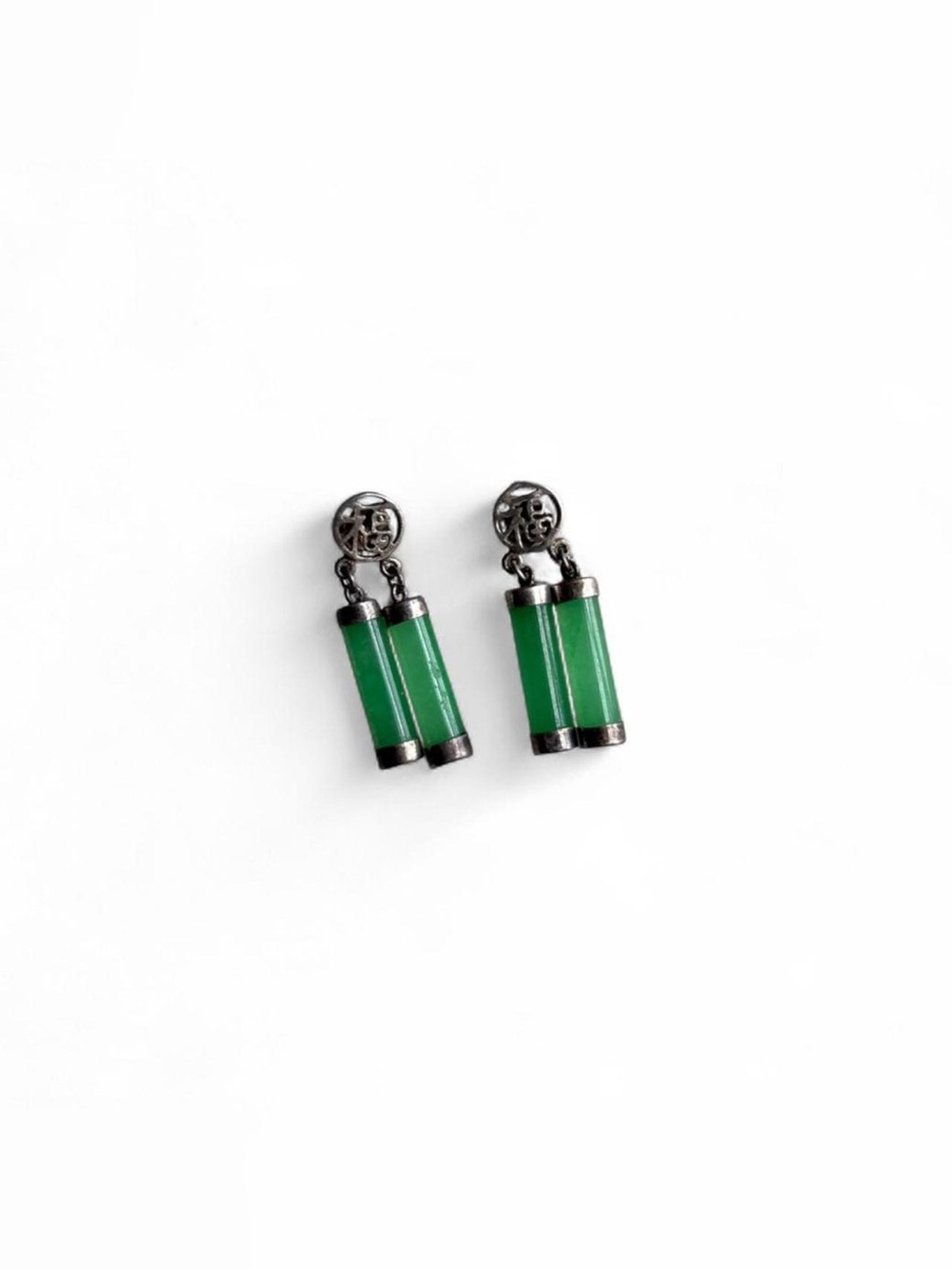 Dangling Cylinder Green Jade 925 Sterling Silver Earrings - Picture 2 of 5